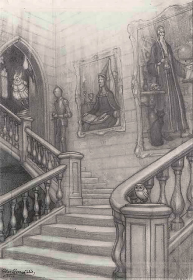 Pencil sketch of a Hogwarts staircase with portraits and an owl on the banister